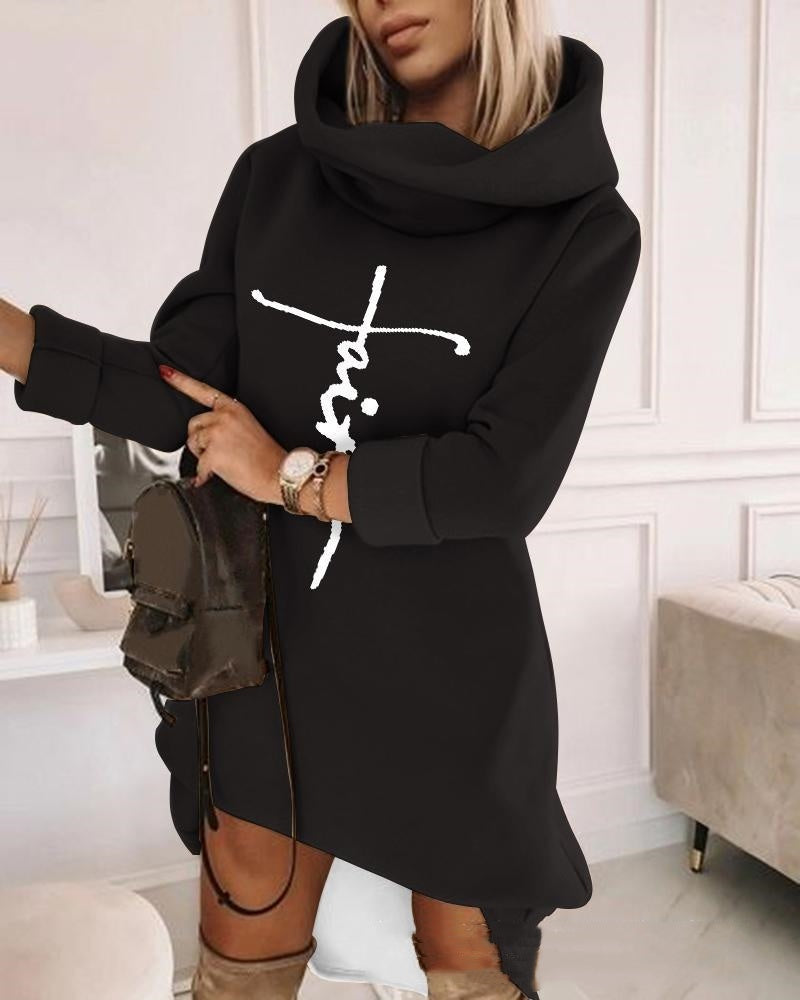 Women's Turtleneck Hooded Mid-Length Sweater Dress-Casual Oversized Style
