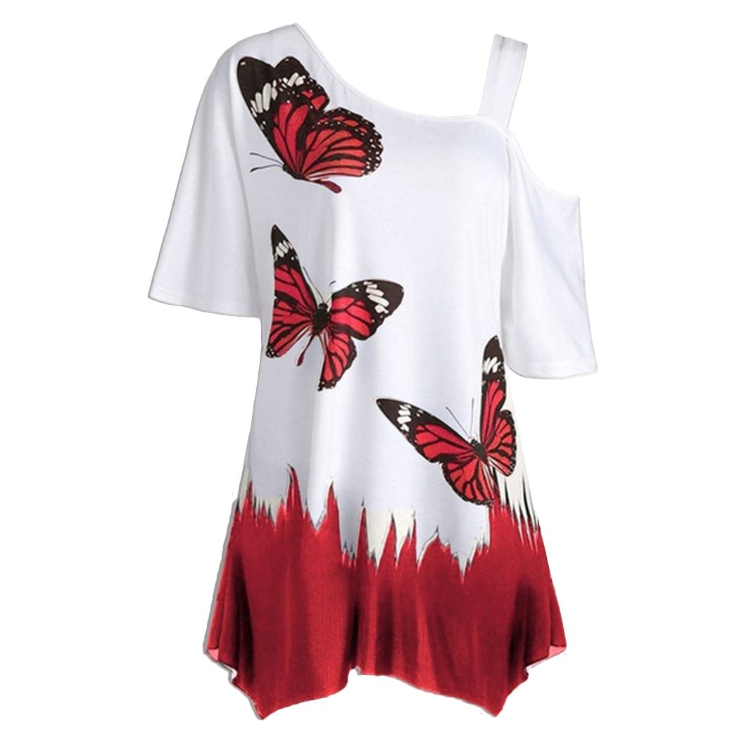 One Shoulder Butterfly Print Blouse - Plus Size Summer Style