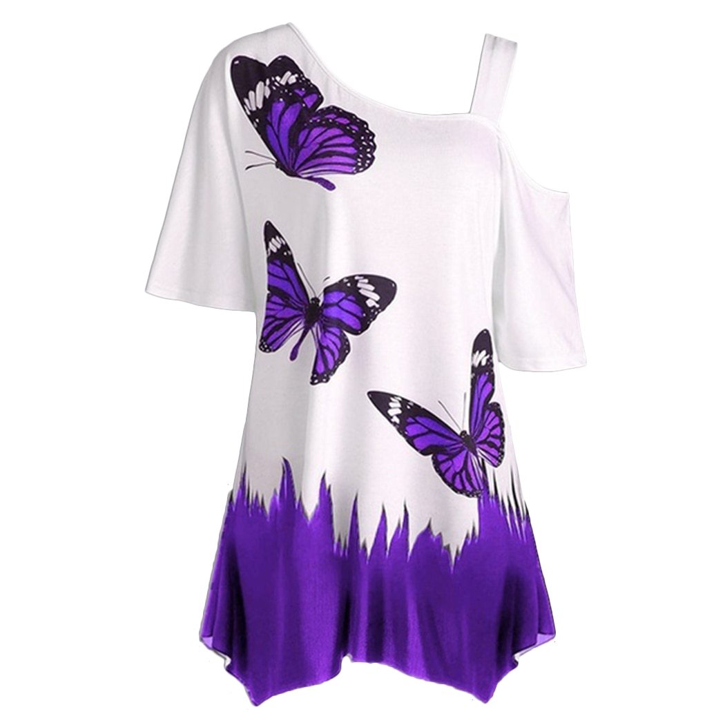 One Shoulder Butterfly Print Blouse - Plus Size Summer Style