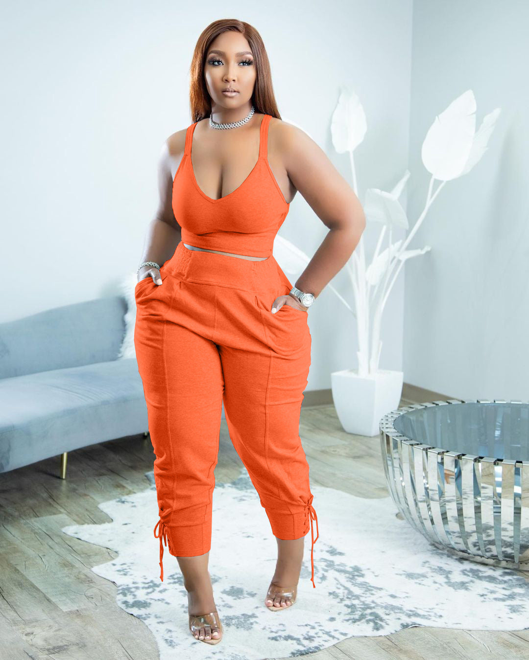 Casual Elegant Two-Piece Set-Strappy Top and High-Waist Pants