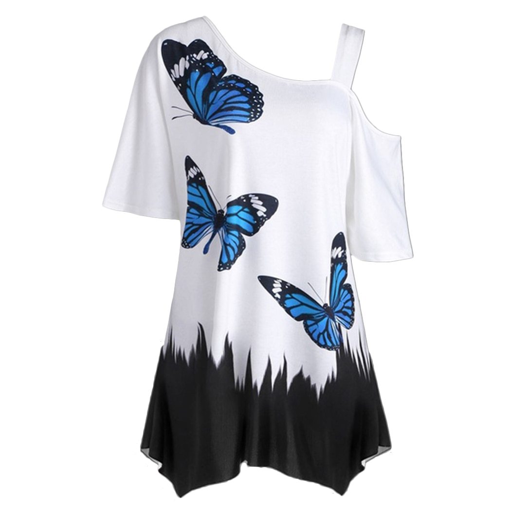 One Shoulder Butterfly Print Blouse - Plus Size Summer Style