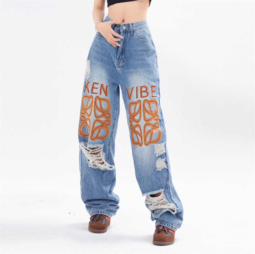 Graffiti-Print Ripped Jeans-Oversized Streetwear for woman