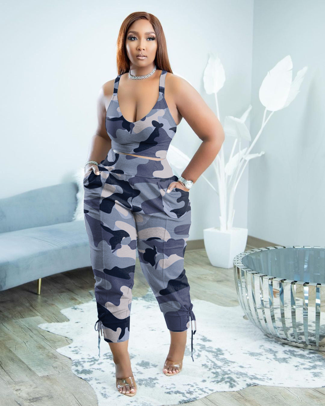 Casual Elegant Two-Piece Set-Strappy Top and High-Waist Pants