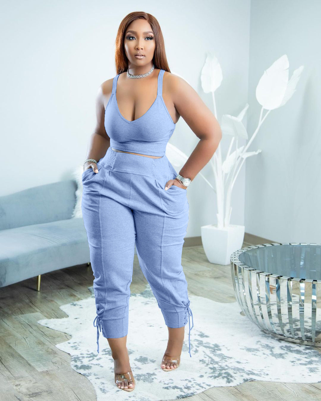 Casual Elegant Two-Piece Set-Strappy Top and High-Waist Pants