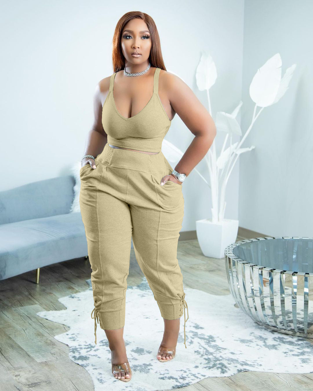 Casual Elegant Two-Piece Set-Strappy Top and High-Waist Pants