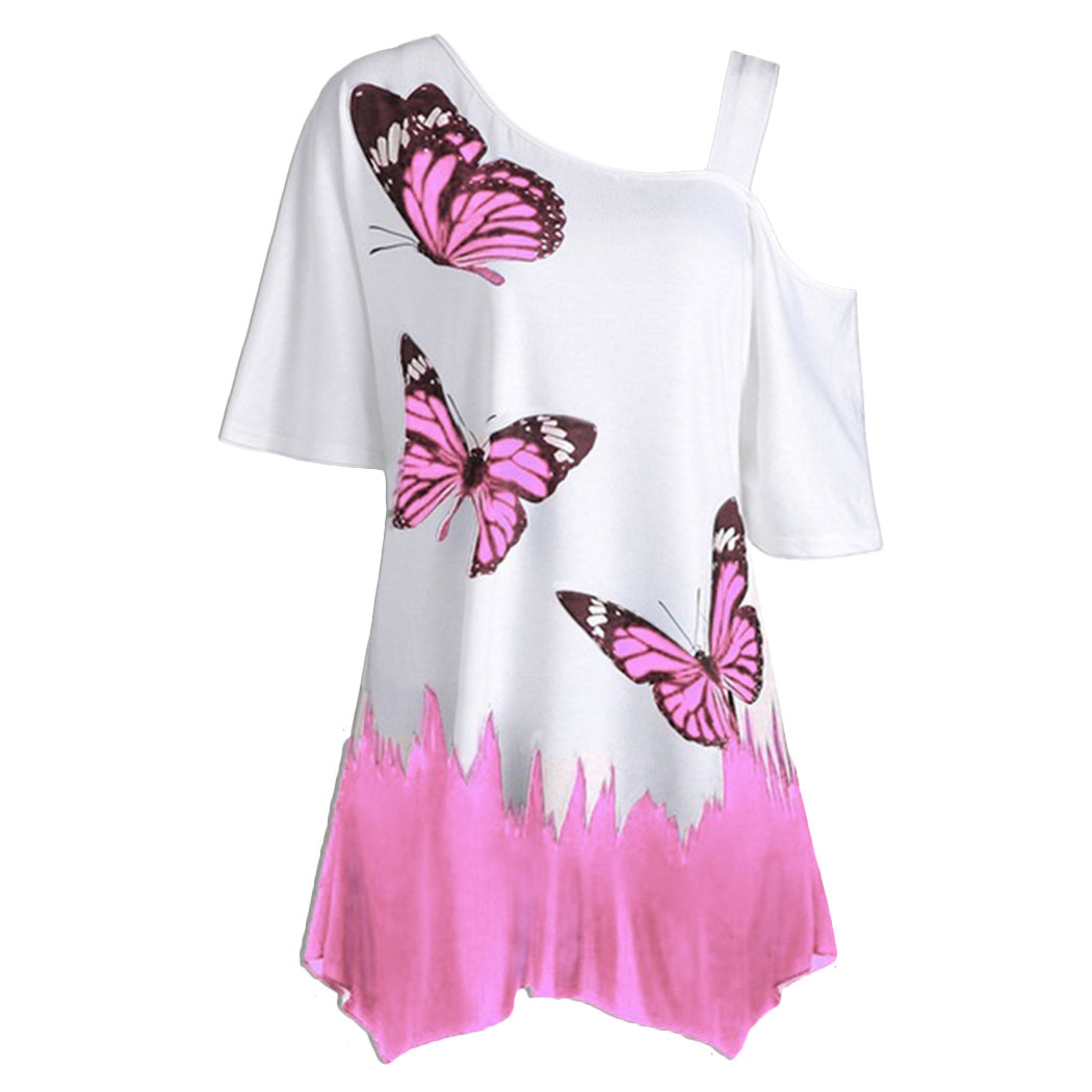 One Shoulder Butterfly Print Blouse - Plus Size Summer Style