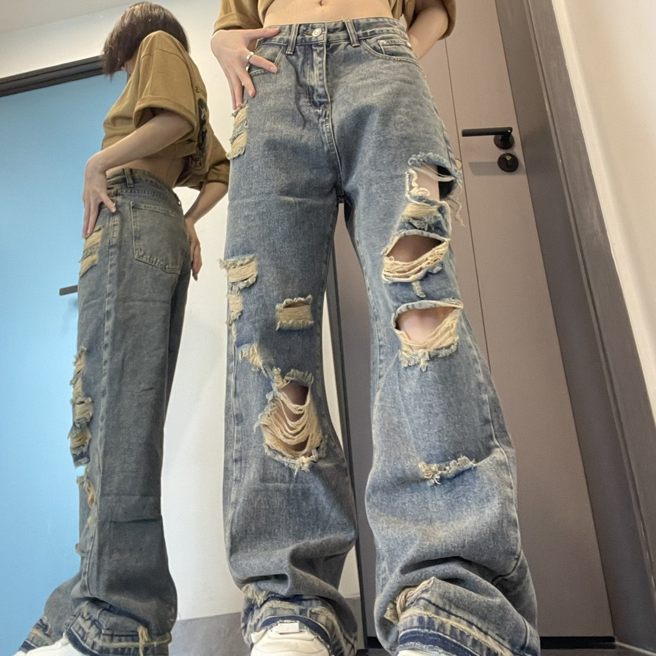 Hip-Hop Ripped Wide-Leg Jeans - Oversized Streetwear for Women