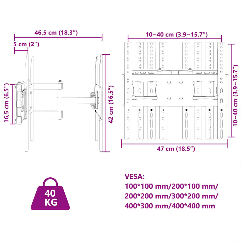 vidaXL Suport TV de perete ecran 26-70 inchi Max VESA 400x400 mm 40kg