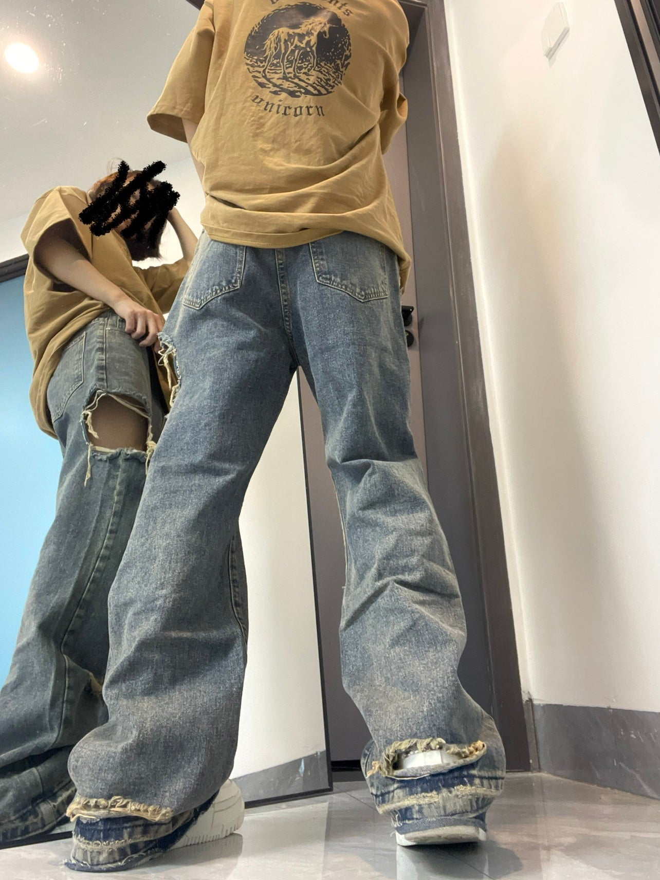 Hip-Hop Ripped Wide-Leg Jeans - Oversized Streetwear for Women