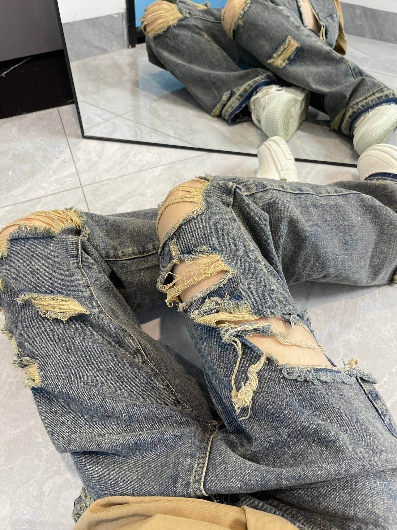 Hip-Hop Ripped Wide-Leg Jeans - Oversized Streetwear for Women