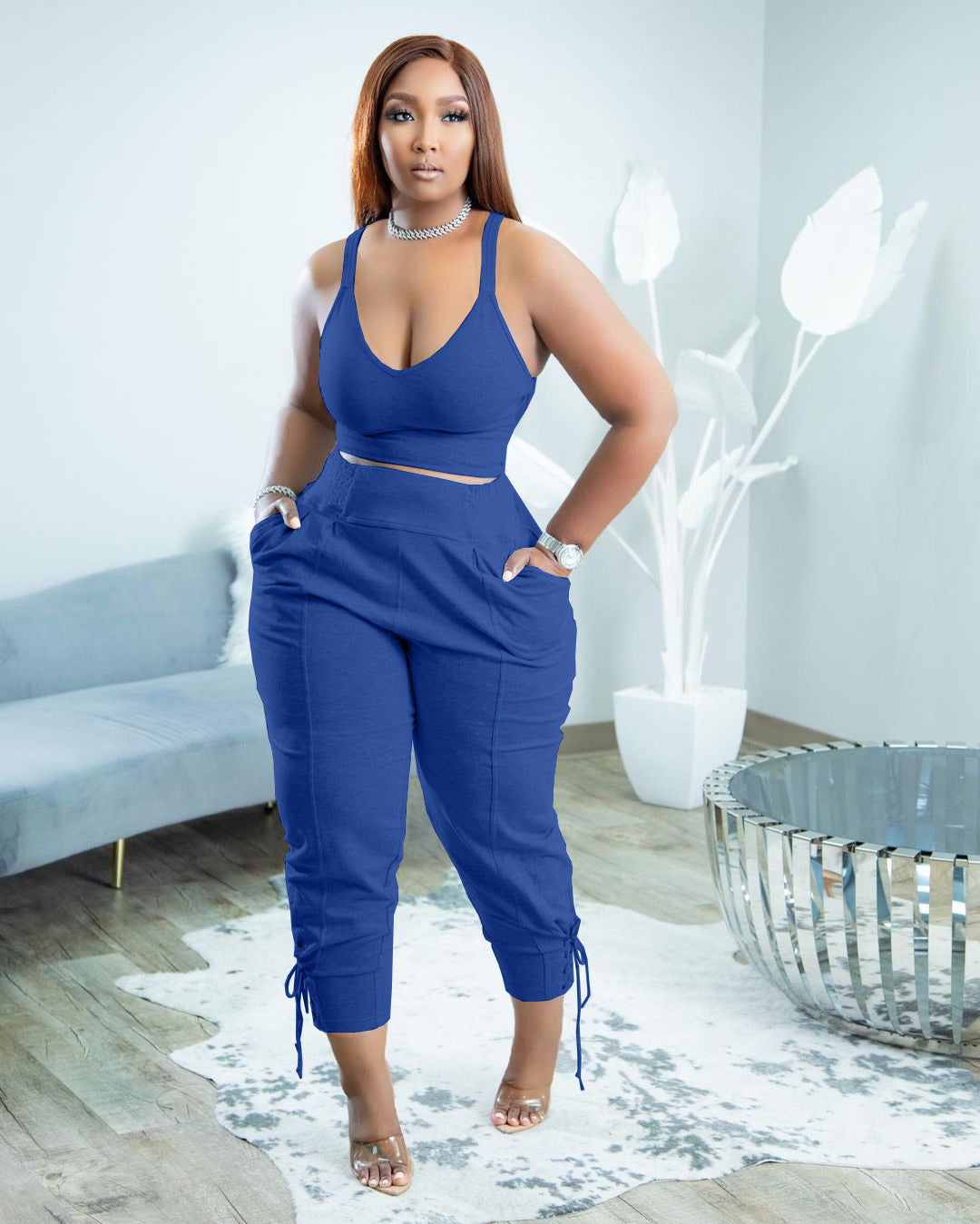 Casual Elegant Two-Piece Set-Strappy Top and High-Waist Pants