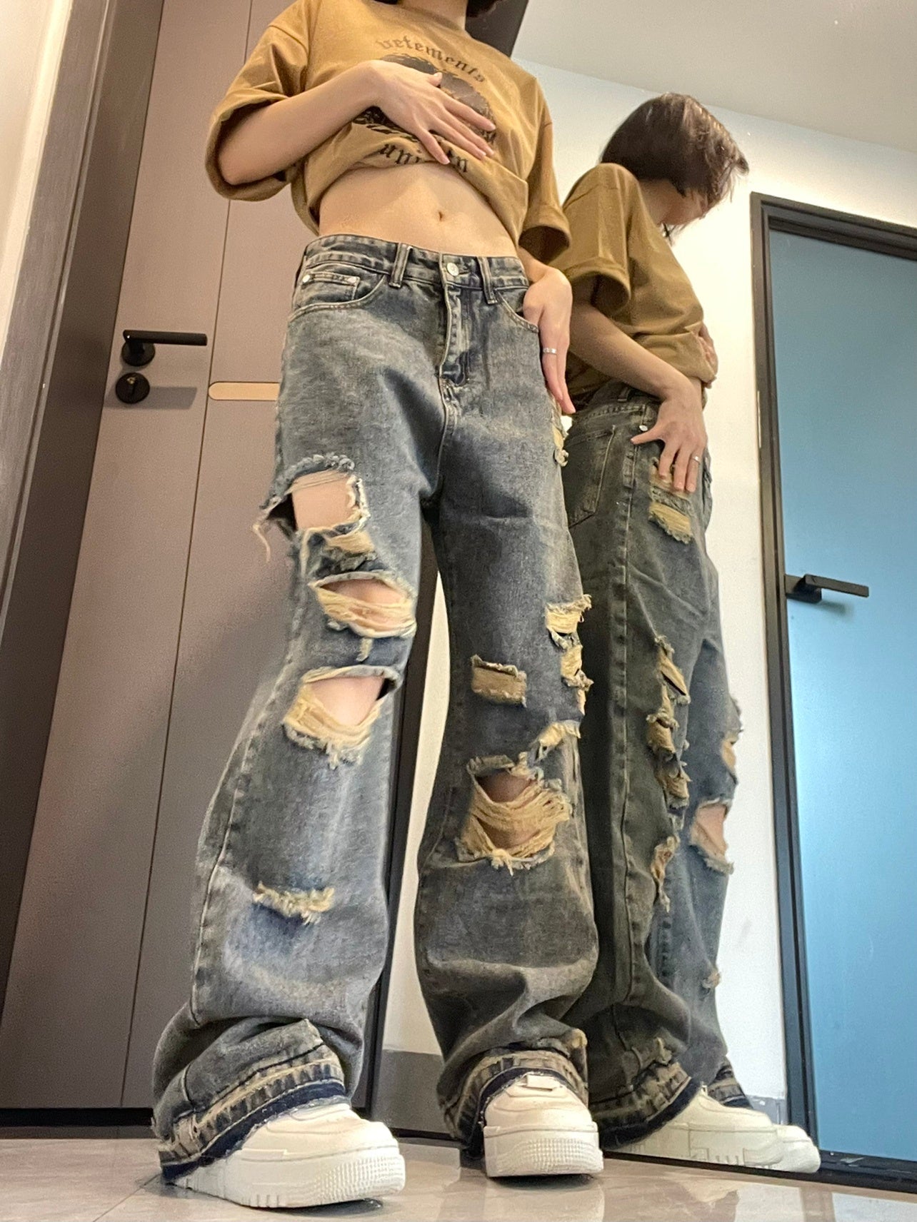 Hip-Hop Ripped Wide-Leg Jeans - Oversized Streetwear for Women