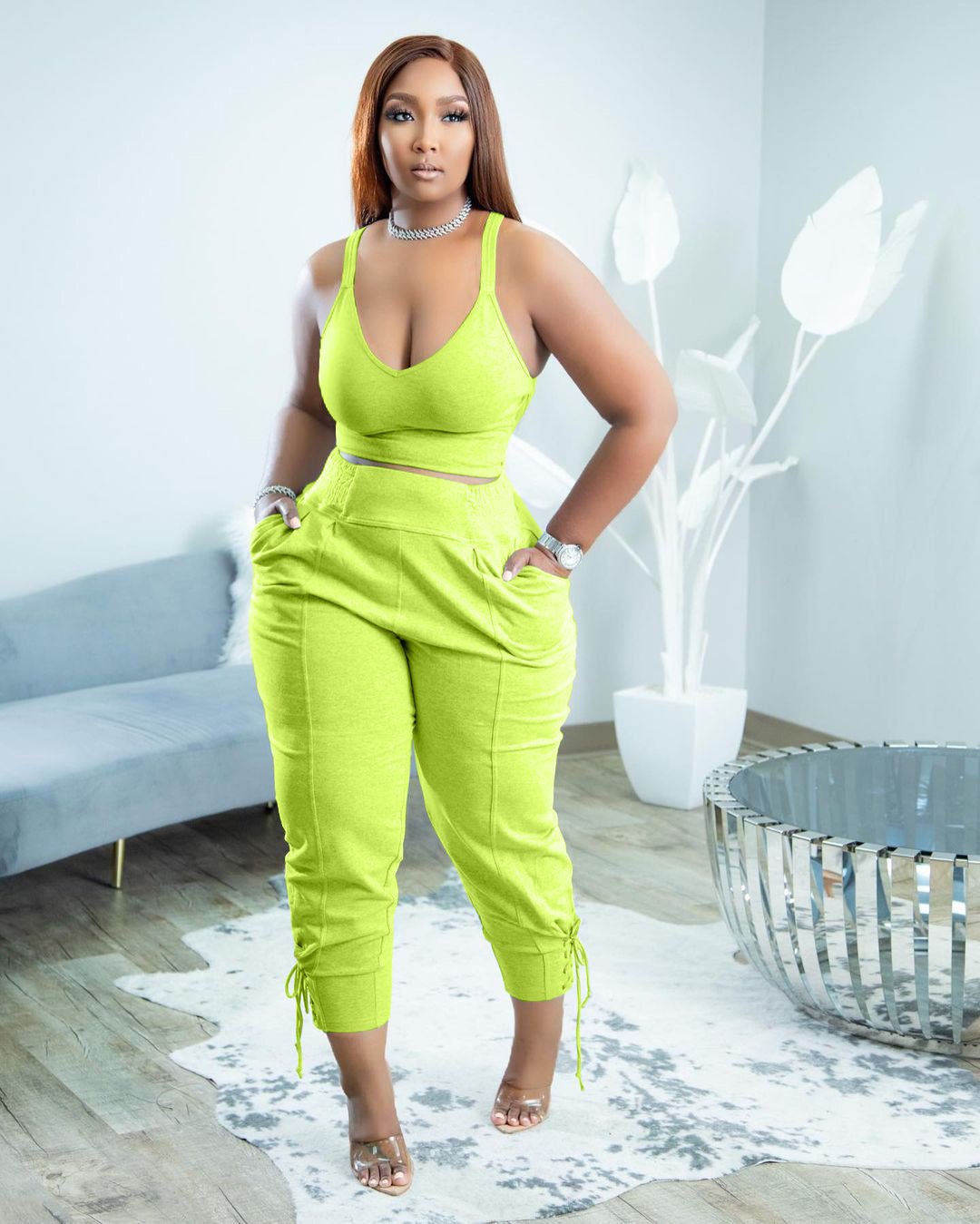 Casual Elegant Two-Piece Set-Strappy Top and High-Waist Pants