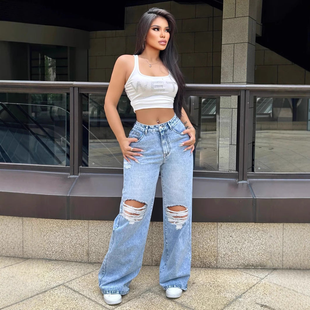 High Waist Distressed Wide-Led Jeans-Streetwear Vibes