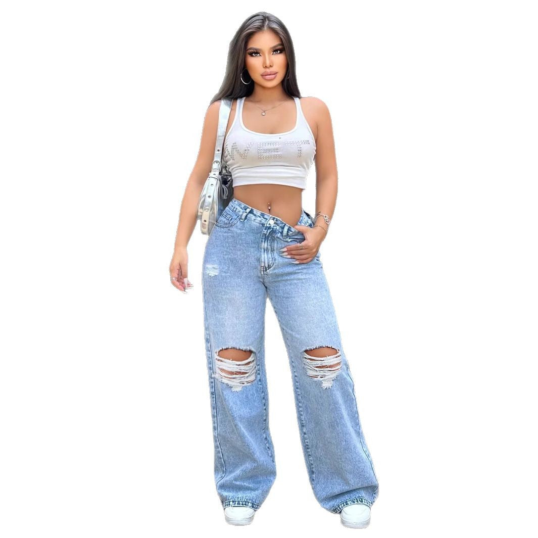 High Waist Distressed Wide-Led Jeans-Streetwear Vibes