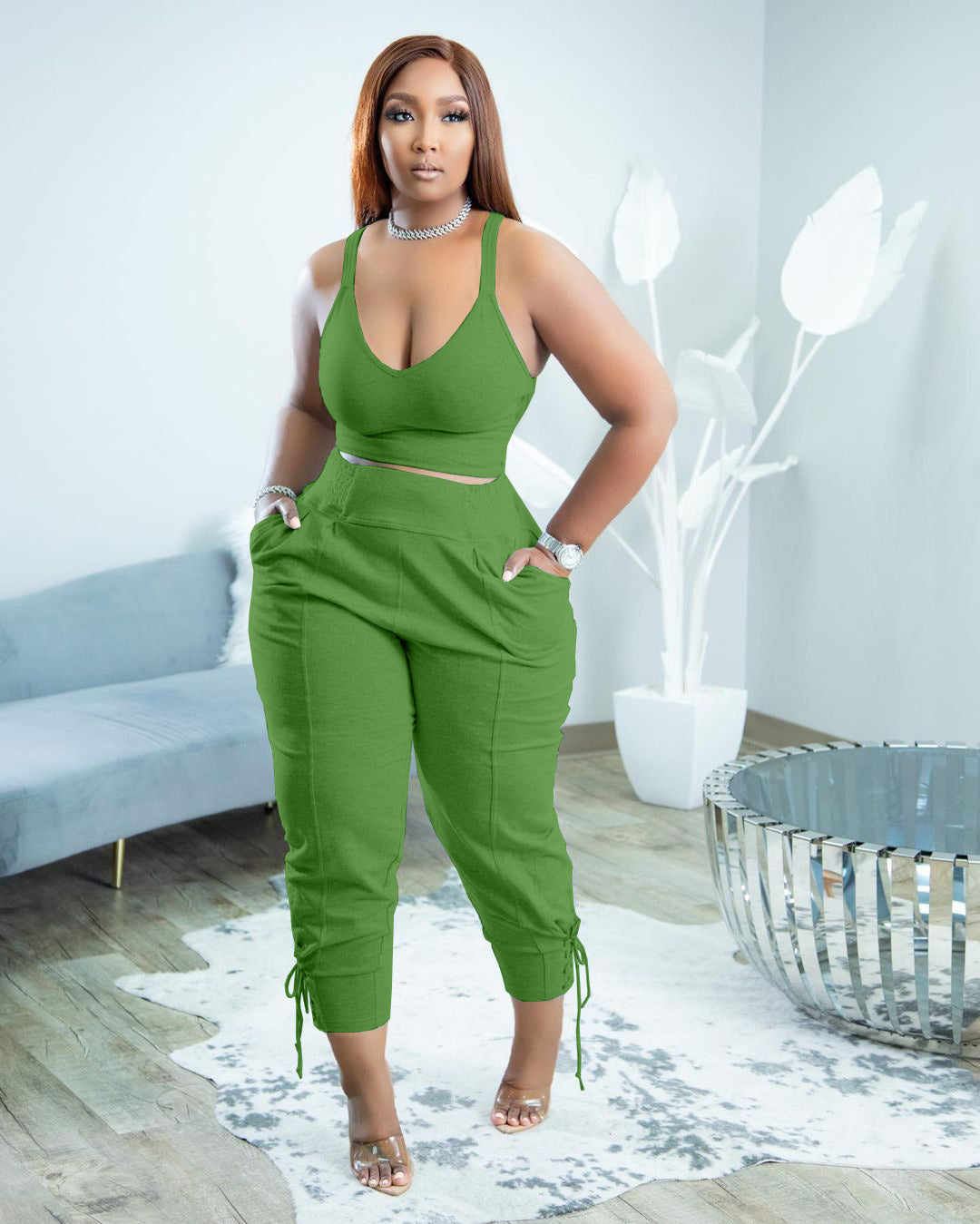 Casual Elegant Two-Piece Set-Strappy Top and High-Waist Pants