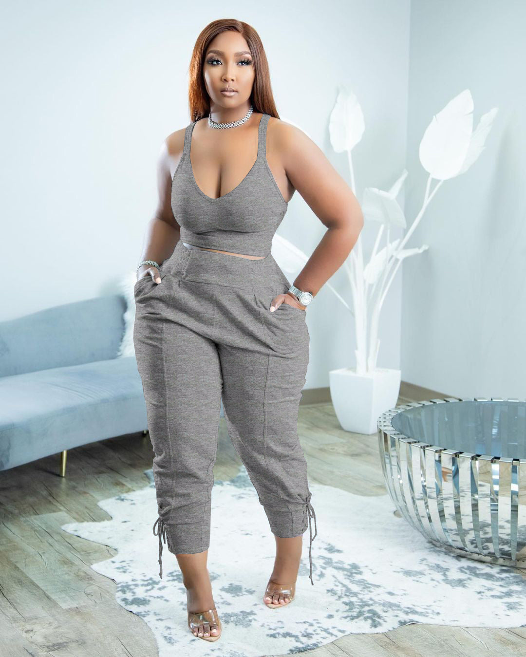 Casual Elegant Two-Piece Set-Strappy Top and High-Waist Pants