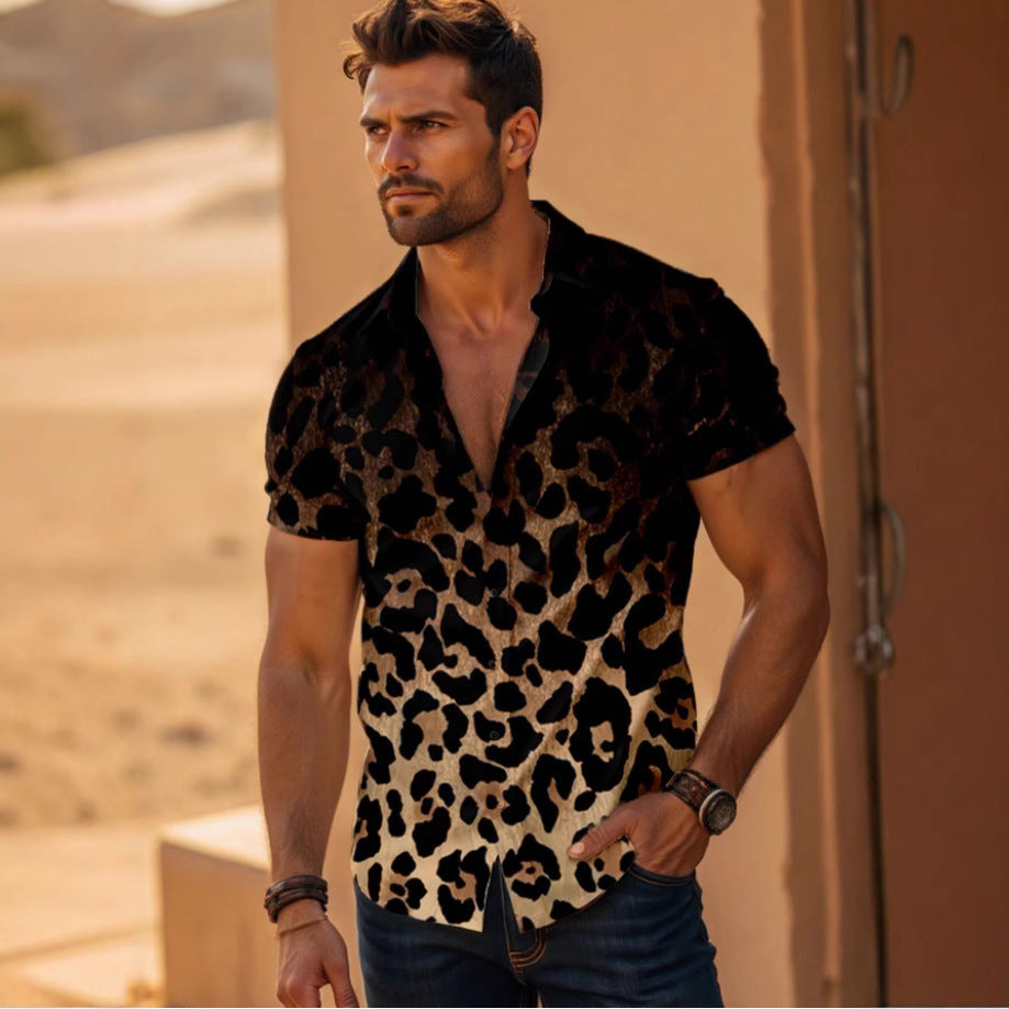Four-sided Elastic Leopard Print Shirt Men