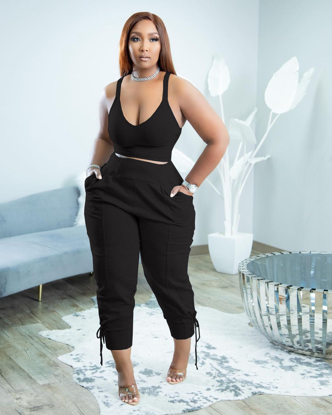 Casual Elegant Two-Piece Set-Strappy Top and High-Waist Pants