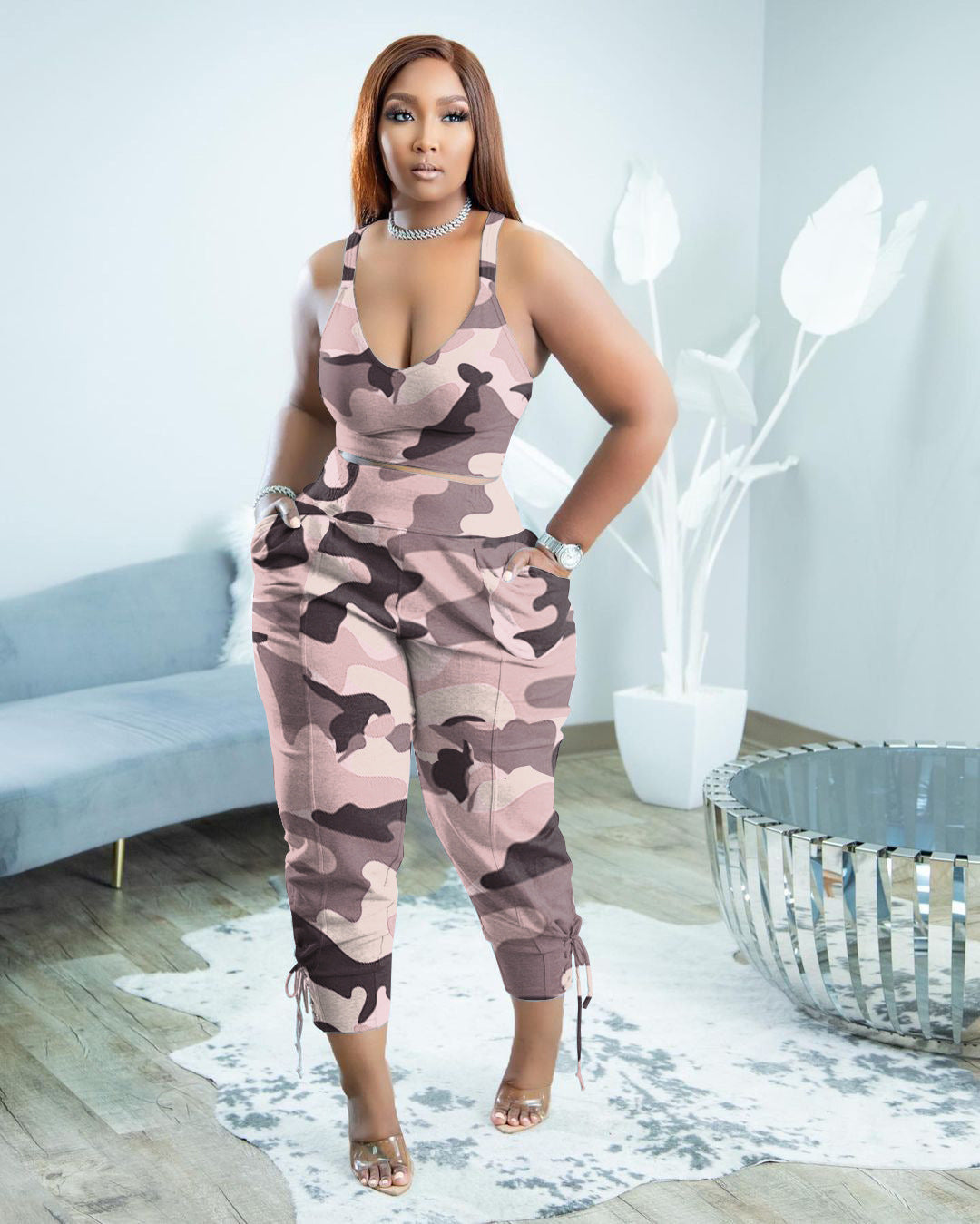 Casual Elegant Two-Piece Set-Strappy Top and High-Waist Pants