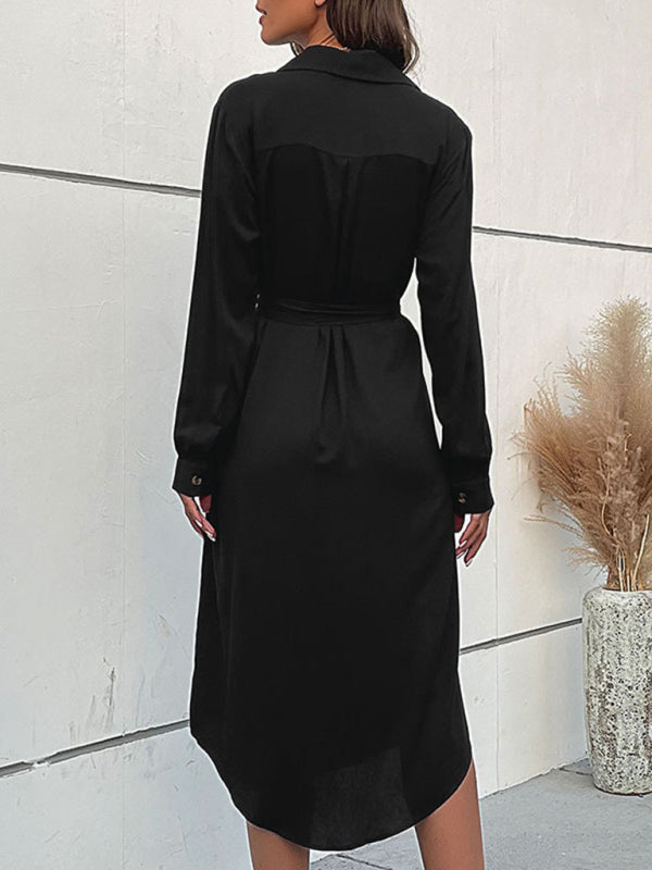 Elegant Black Shirt Dress with Long Sleeves -Black Classic