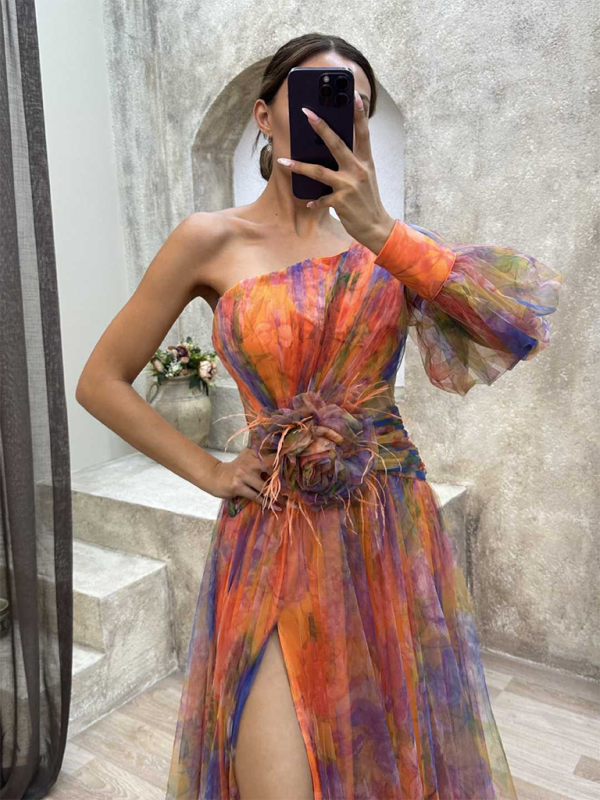 Elegant One-Shoulder Colorful Tulle Maxi Dress with Slit -Available in Multiple Colors
