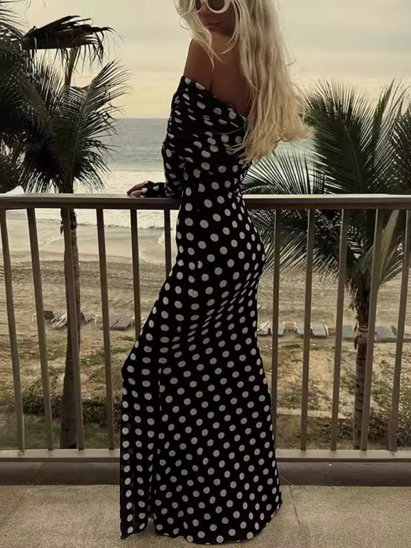 Gauze Polka Dot Splicing One Shoulder Sexy Slim Dress