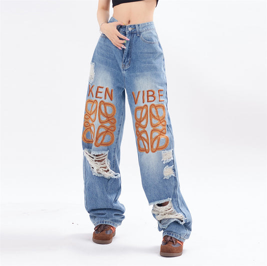 Graffiti-Print Ripped Jeans-Oversized Streetwear for woman