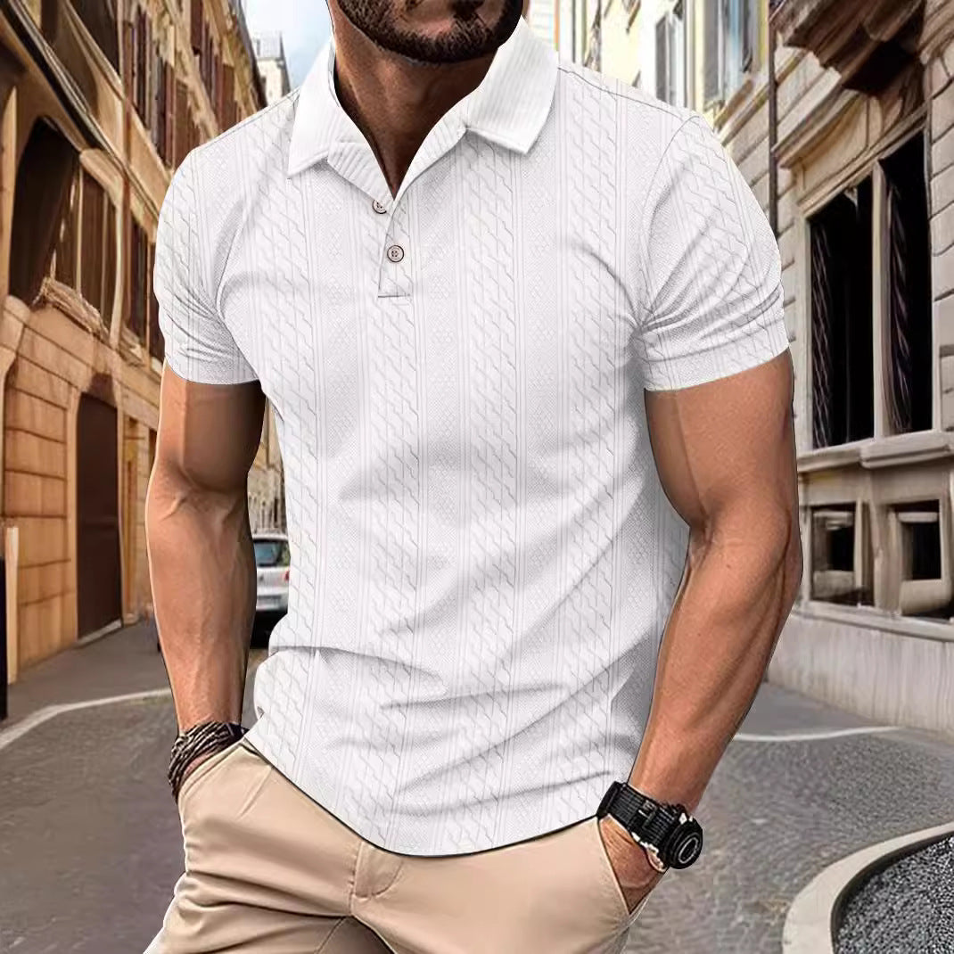 Tricou polo bărbătesc negru din jacquard, mânecă scurtă și guler cu nasturi