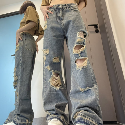 Hip-Hop Ripped Wide-Leg Jeans - Oversized Streetwear for Women