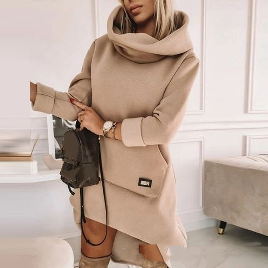 Women's Turtleneck Hooded Mid-Length Sweater Dress-Casual Oversized Style