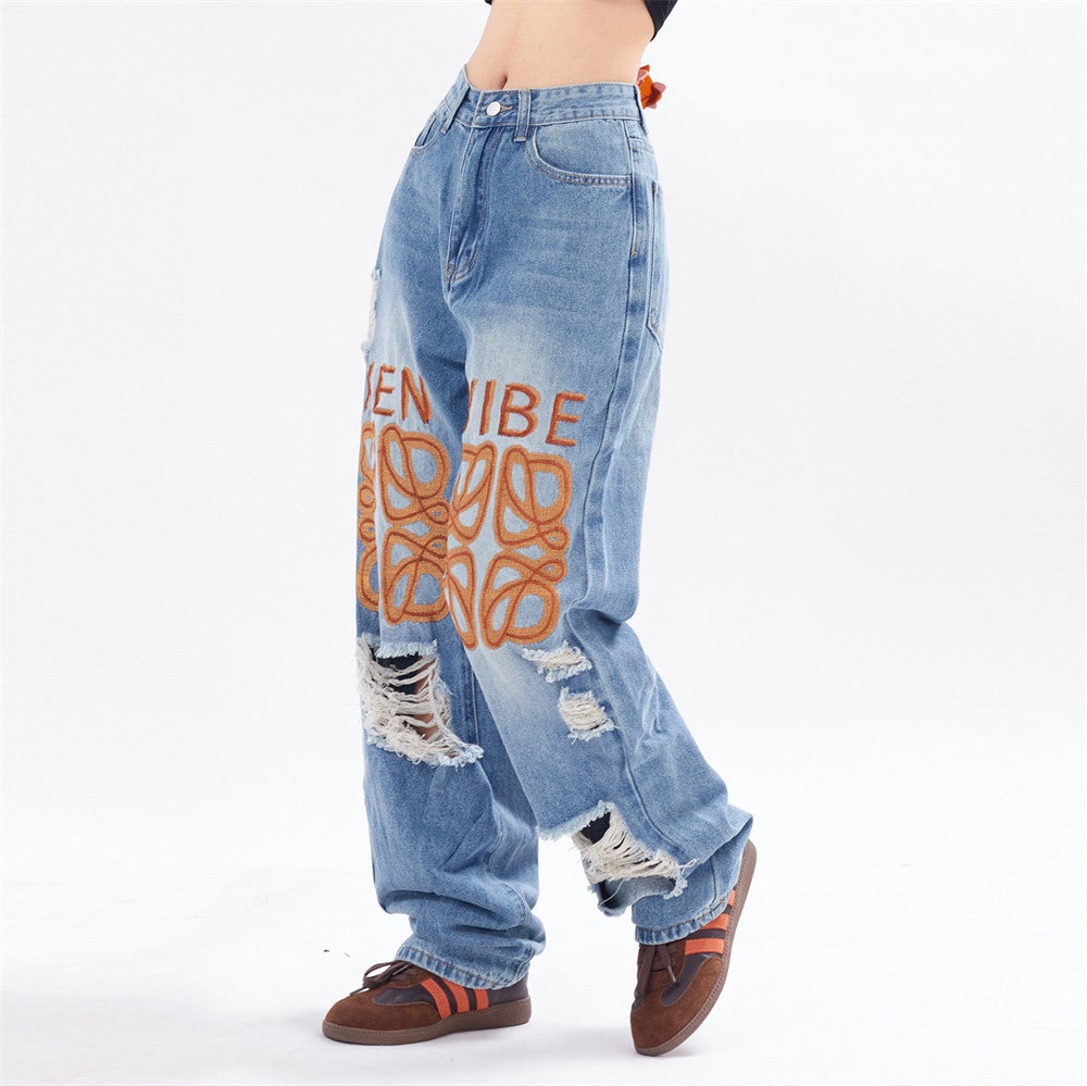 Graffiti-Print Ripped Jeans-Oversized Streetwear for woman