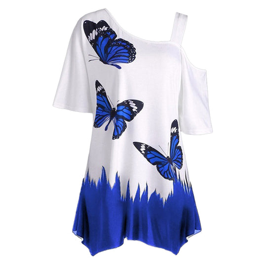 One Shoulder Butterfly Print Blouse - Plus Size Summer Style