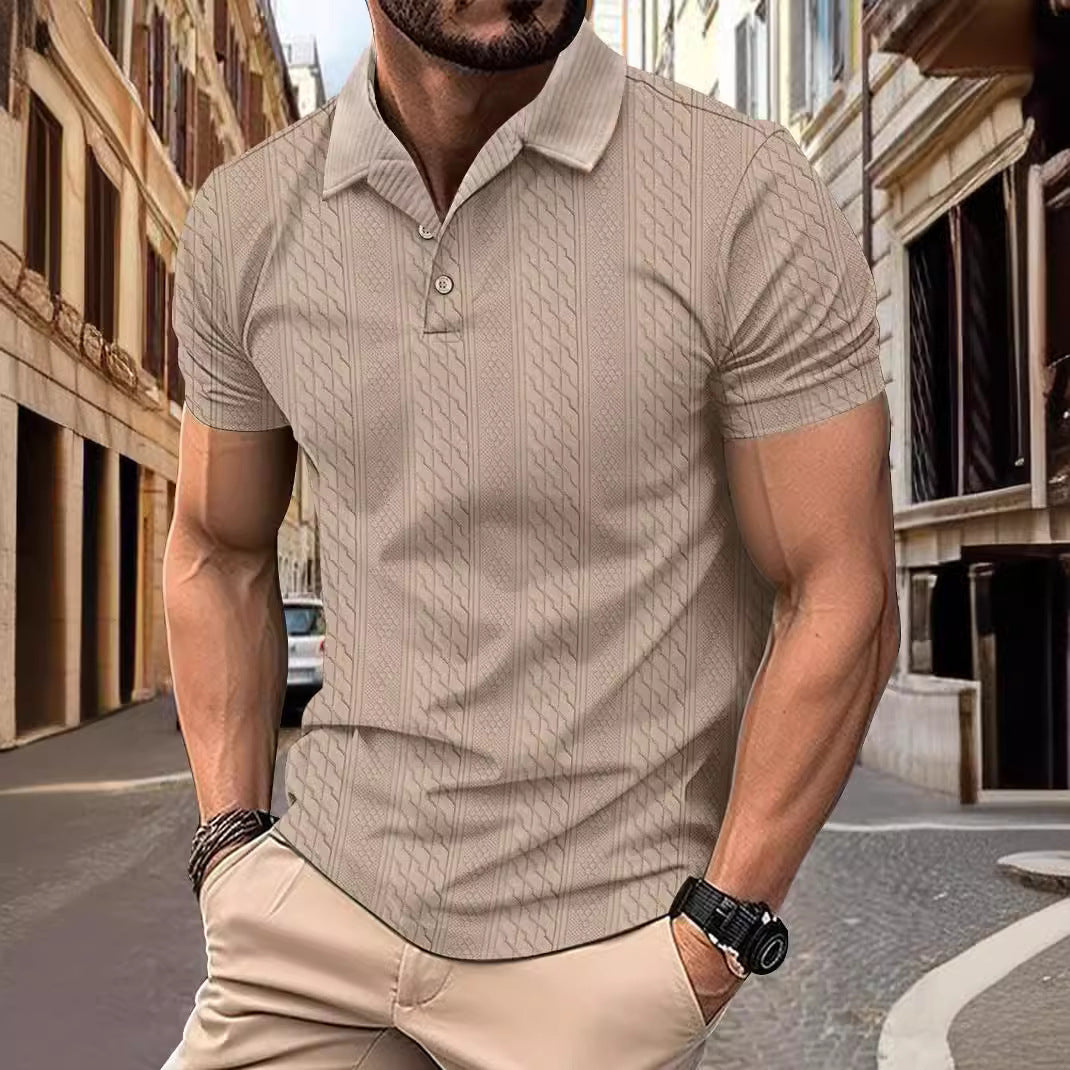 Tricou polo bărbătesc negru din jacquard, mânecă scurtă și guler cu nasturi