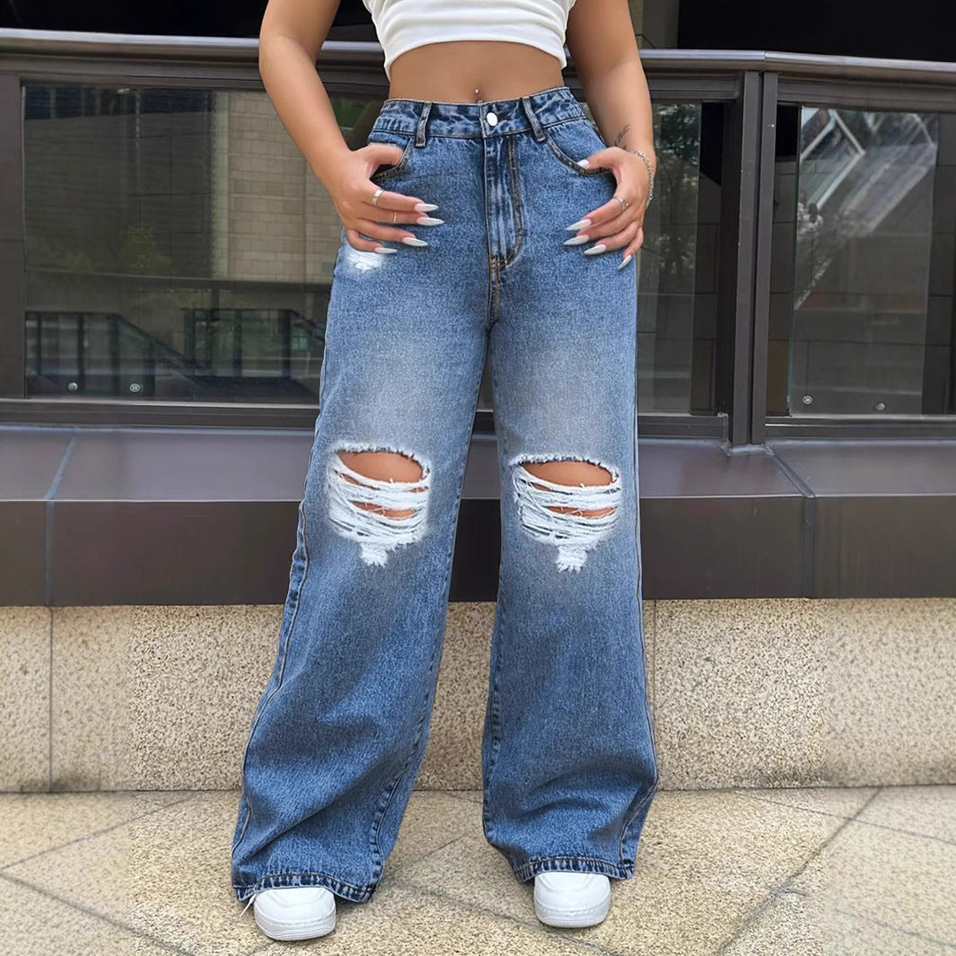 High Waist Distressed Wide-Led Jeans-Streetwear Vibes