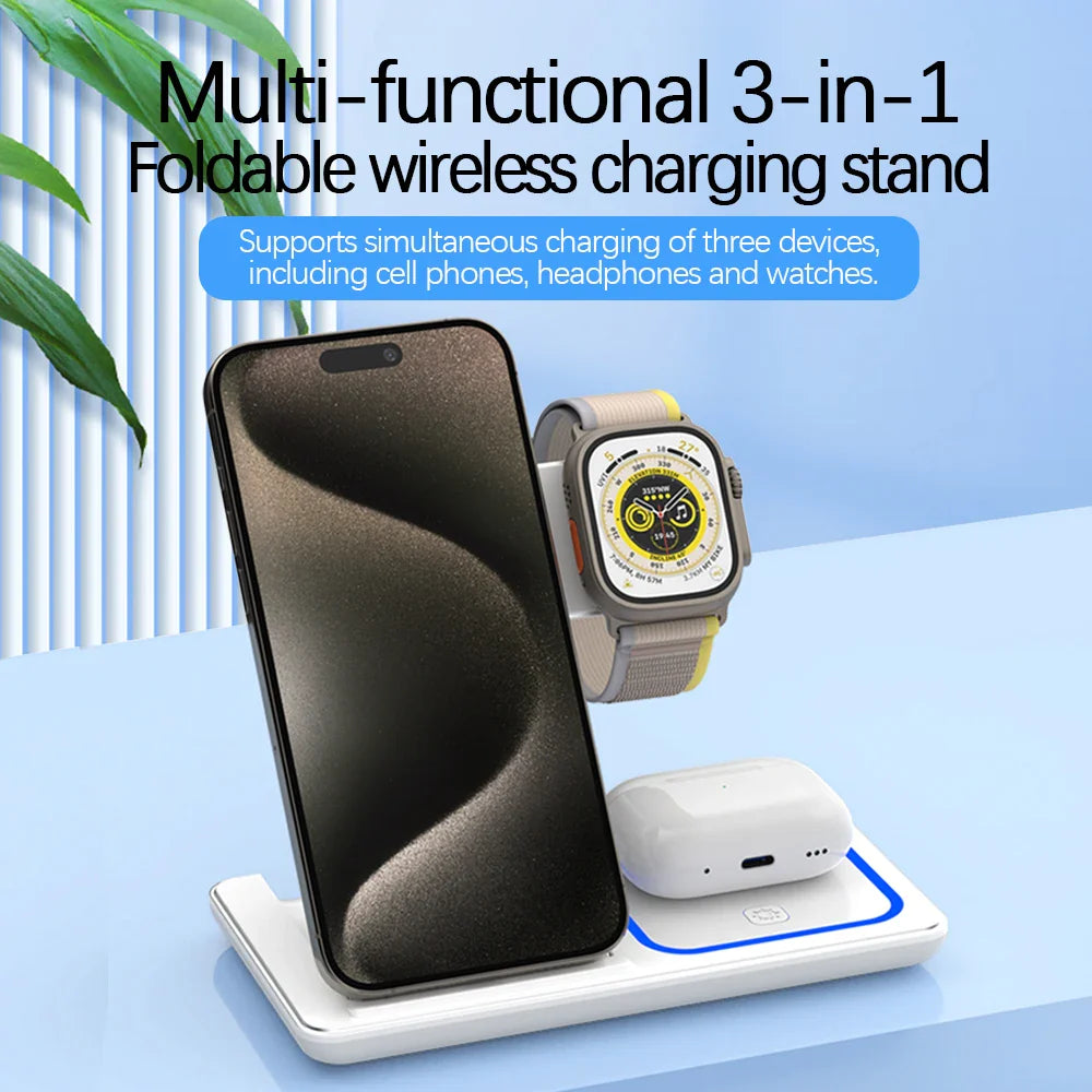 15W 3 In 1 LED Fast Wireless Charger Stand Foldable Charging Station For Smart Phone 15 14 13 12 11 IWatch 9 8 7 6 5 Airpods Pro