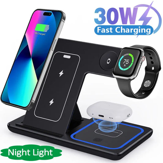 15W 3 In 1 LED Fast Wireless Charger Stand Foldable Charging Station For Smart Phone 15 14 13 12 11 IWatch 9 8 7 6 5 Airpods Pro