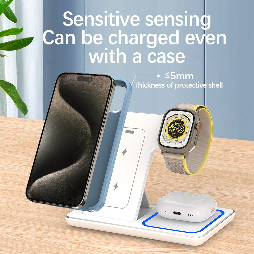 15W 3 In 1 LED Fast Wireless Charger Stand Foldable Charging Station For Smart Phone 15 14 13 12 11 IWatch 9 8 7 6 5 Airpods Pro