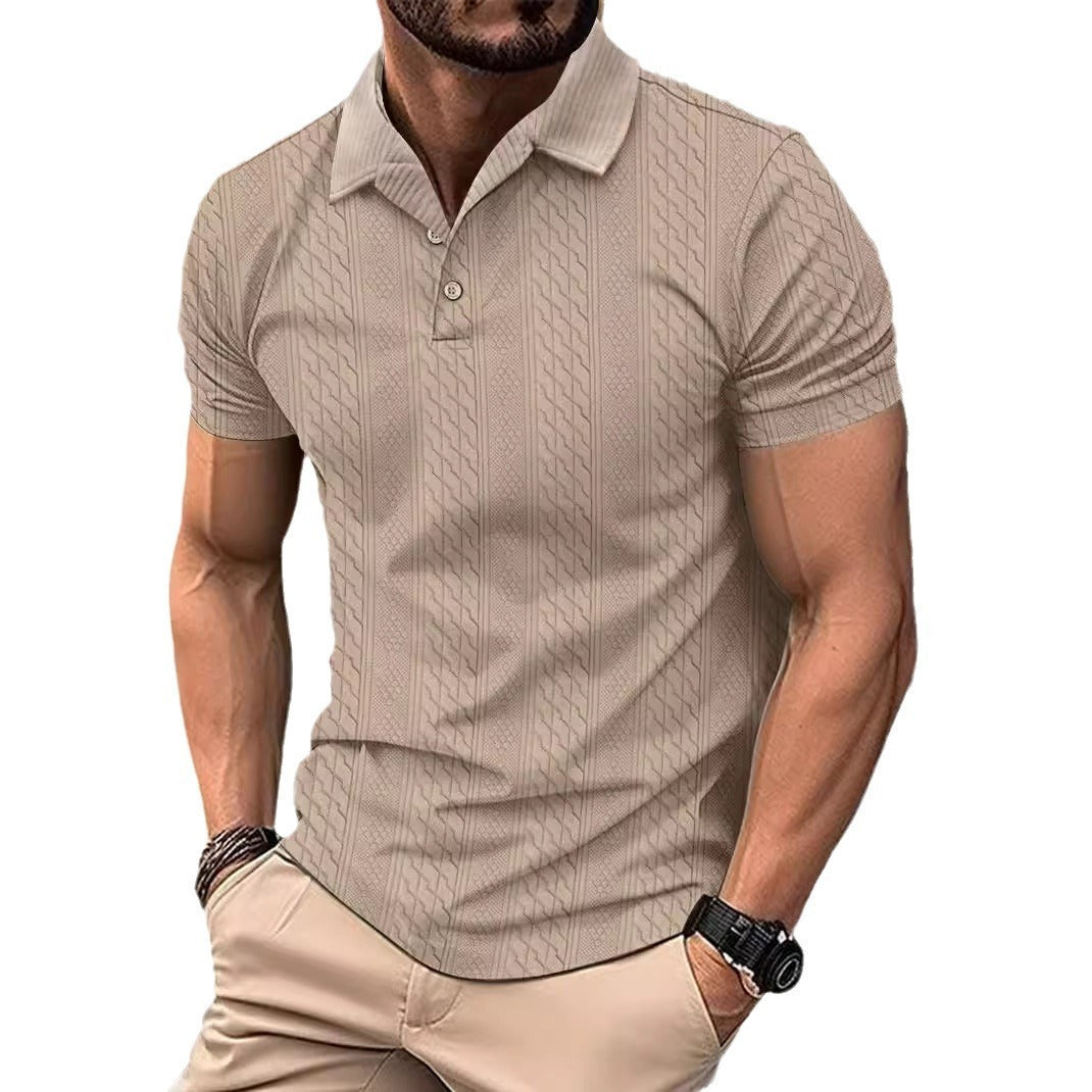 Tricou polo bărbătesc negru din jacquard, mânecă scurtă și guler cu nasturi