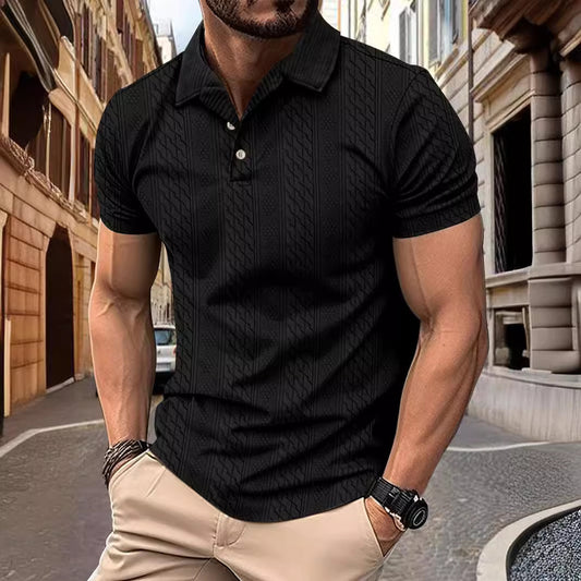 Men's Black Jacquard Polo Shirt Short Sleeve With Button -up Collar