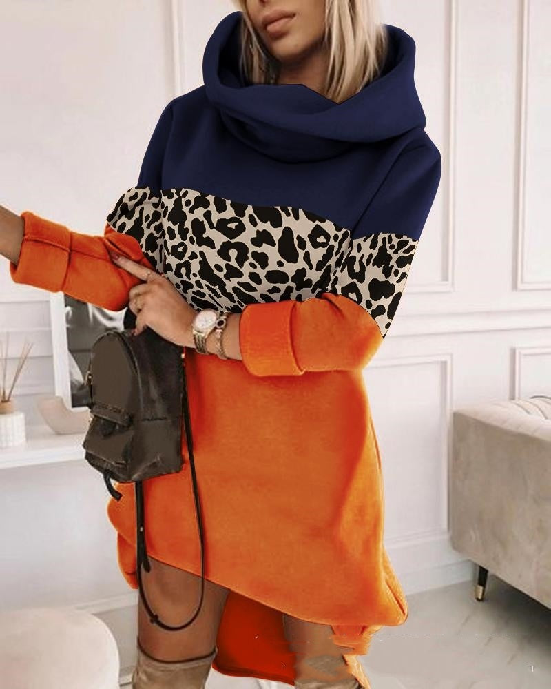 Women's Turtleneck Hooded Mid-Length Sweater Dress-Casual Oversized Style