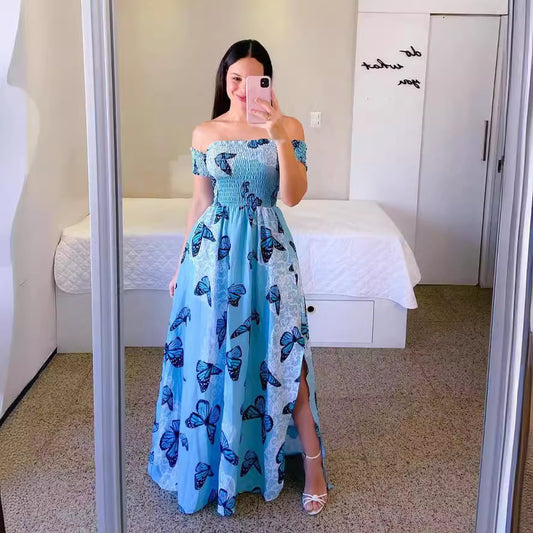 Off-Shoulder Rainbow Summer Dress-Casual Boho Style