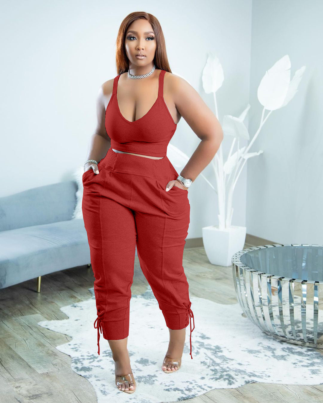 Casual Elegant Two-Piece Set-Strappy Top and High-Waist Pants