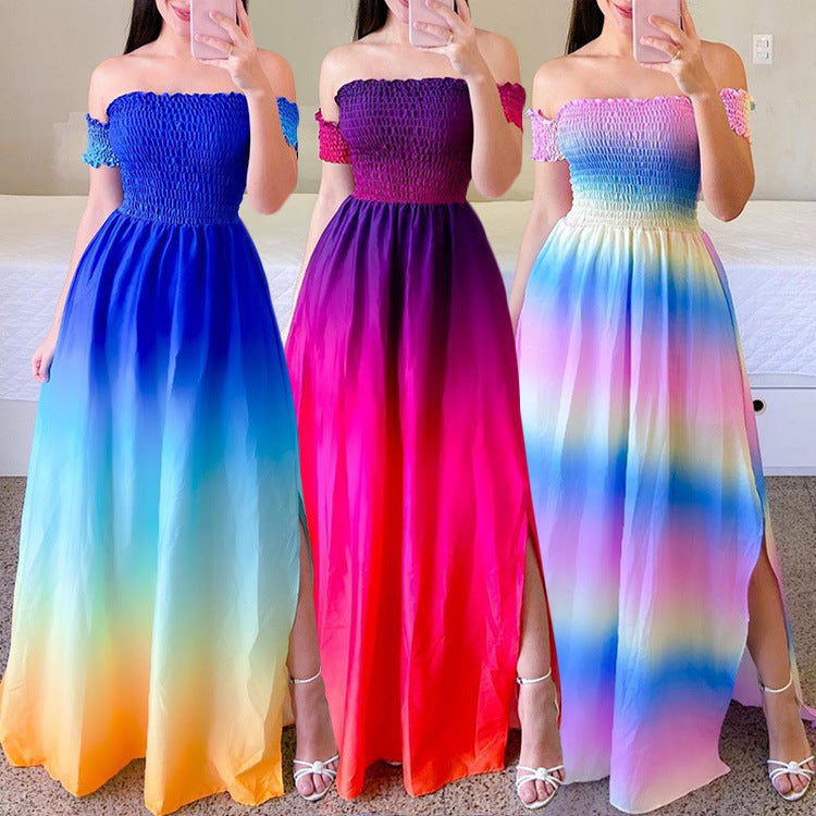Off-Shoulder Rainbow Summer Dress-Casual Boho Style