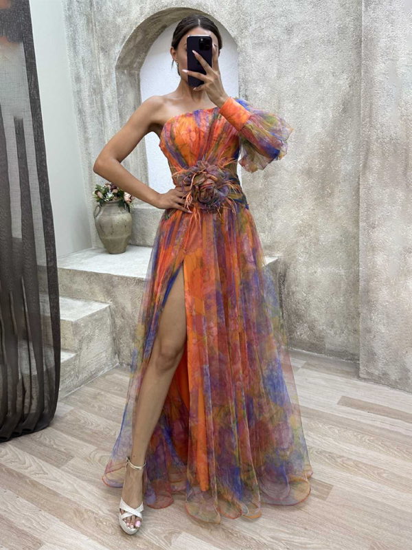 Elegant One-Shoulder Colorful Tulle Maxi Dress with Slit -Available in Multiple Colors