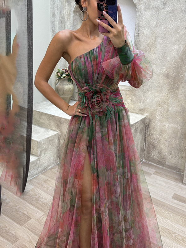 Elegant One-Shoulder Colorful Tulle Maxi Dress with Slit -Available in Multiple Colors