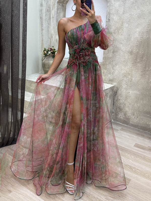Elegant One-Shoulder Colorful Tulle Maxi Dress with Slit -Available in Multiple Colors